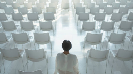 Businesswoman sitting in front of empty chairs in conference hallの素材