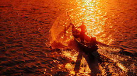 Lone fisherman casting net at sunset on golden waterの素材