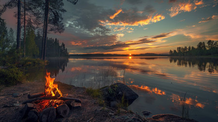 Bonfire burning near lake in finland during beautiful summer sunsetの素材