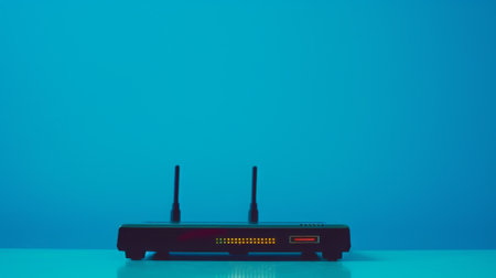 Black internet router standing on blue background with leds onの素材