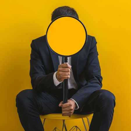 Businessman holding a yellow circle sign covering his faceの素材