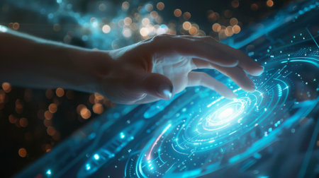 Businesswoman using digital transparent touch screen interface hologram technology conceptの素材