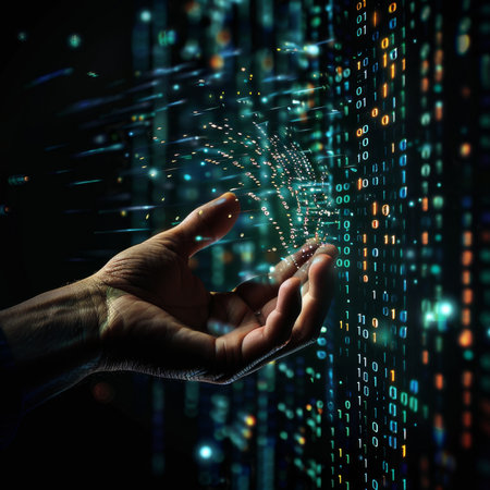 It specialist interacting with digital binary code in cyberspaceの素材