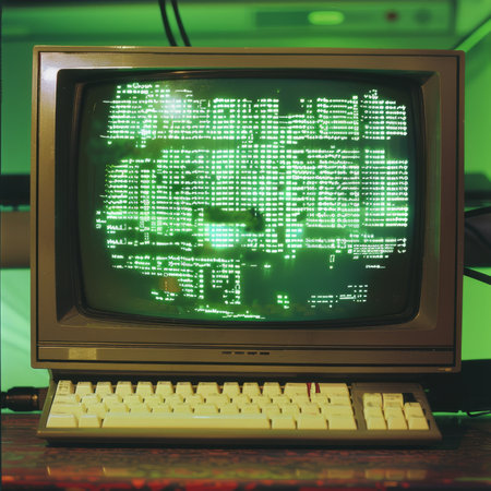 Old personal computer showing green code on screenの素材
