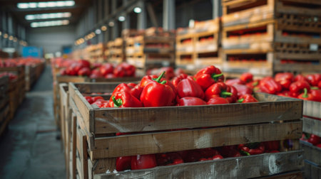 Wooden crates filled with fresh red bell peppers are waiting in a warehouseの素材