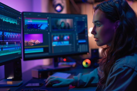 Video editor is working late into the night on a video projectの素材