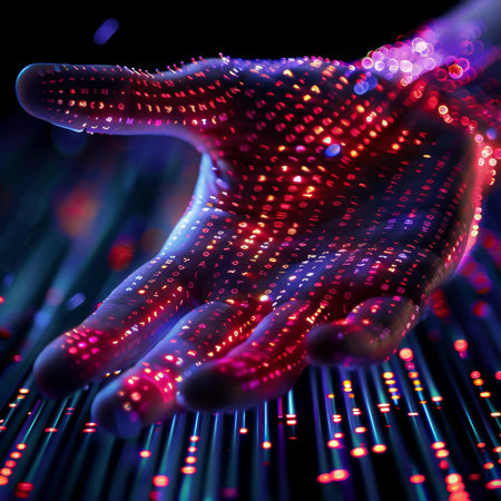Close up of a software developer hand touching a digital data flow with binary codeの素材