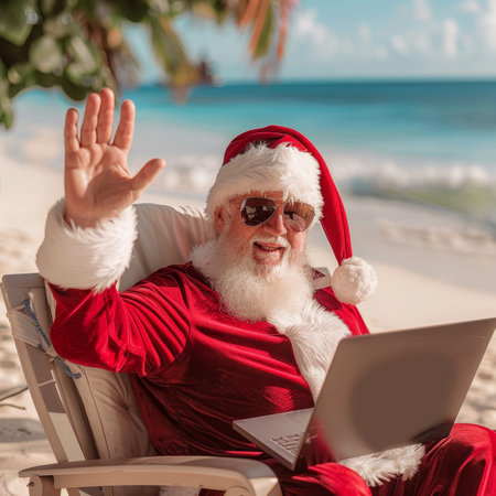Santa claus waving and working on laptop at the beachの素材