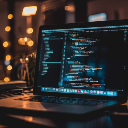 Developer working late on laptop showing code on screen in dark roomの素材