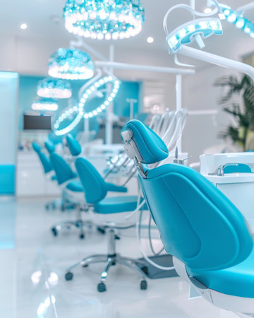 Modern dental office showing empty blue dentist chairs waiting for patientsの素材