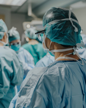 Medical team performing surgery on patient in operating roomの素材