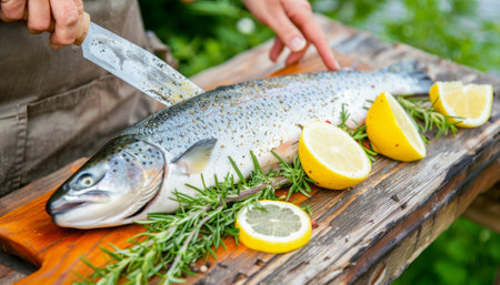 Chef cutting fresh fish with lemon and rosemary on wooden boardの素材