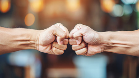 Two business partners fist bumping after closing a business dealの素材