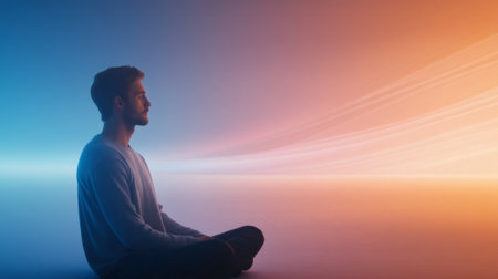 Man meditating in lotus position experiencing a spiritual awakeningの素材