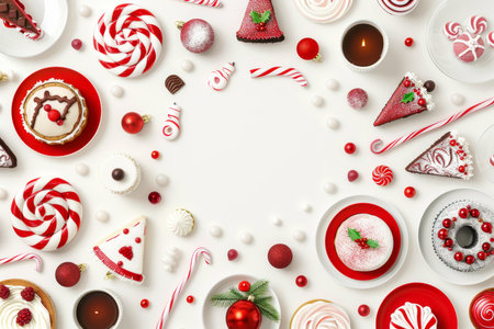 Christmas food and ornaments forming a frame on white backgroundの素材