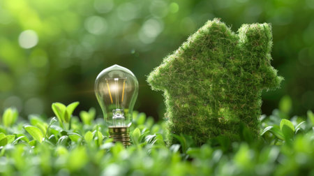 Green house with light bulb growing in lush green grassの素材