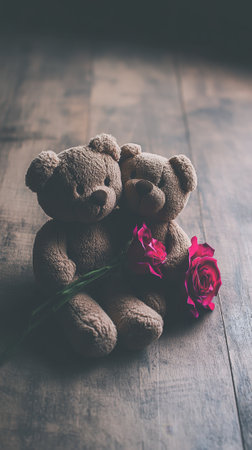 Two teddy bears holding red roses on wooden backgroundの素材