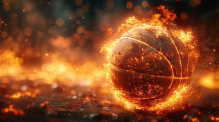 Basketball is burning in a fiery sceneの素材