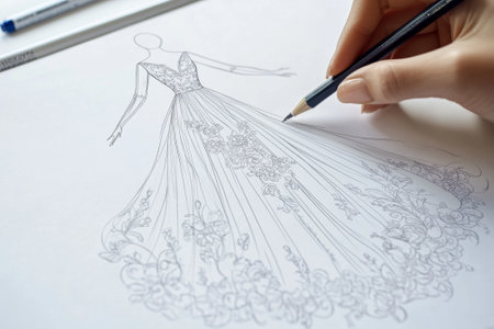 Fashion designer drawing a dress sketching at workplaceの素材