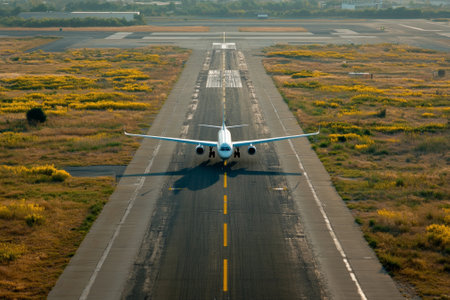 Big white passenger airplane taxiing on runwayの素材