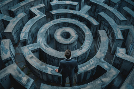 Businessman standing before a circular mazeの素材