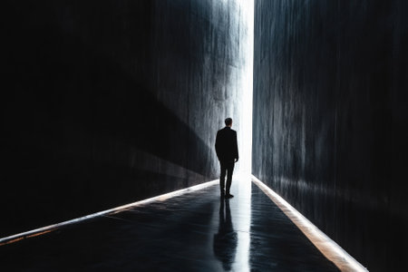Businessman walking towards light at the end of tunnelの素材