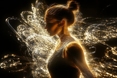 Woman illuminated by golden light painting effectの素材