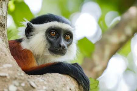 Zanzibar red colobus monkey resting on a branchの素材