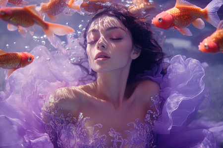 Beautiful woman posing underwater with goldfish swimming around herの素材