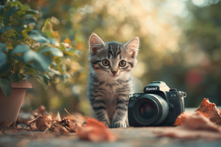 Curious kitten standing near photo camera outdoorsの素材