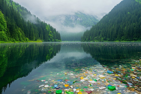 Plastic pollution polluting mountain lake environmentの素材