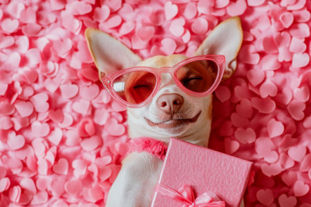 Cute chihuahua dog relaxing on romantic background holding a giftの素材