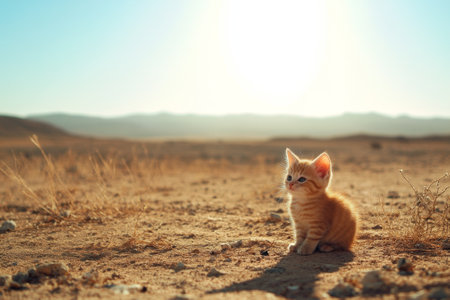 Small red kitten sitting alone in a desert looking upwardsの素材