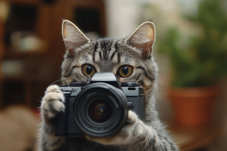 Adorable tabby cat taking a photo with professional cameraの素材
