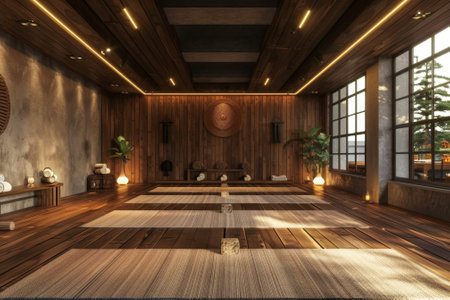 Empty yoga studio with wooden floor and big windows waiting for a yoga class to startの素材