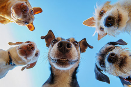 Five dogs looking up with wide angle lensの素材