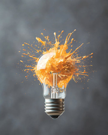 Orange paint splashing light bulb on grey backgroundの素材