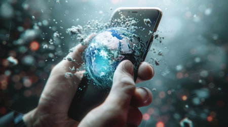 Businessman holding smartphone with planet earth exploding insideの素材