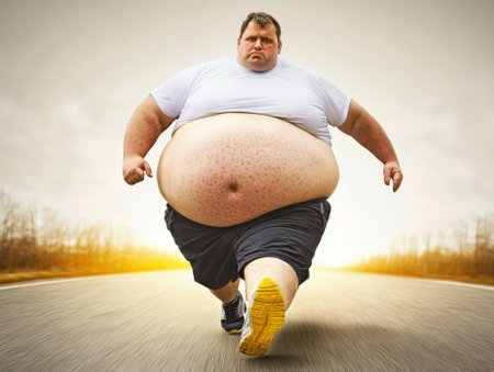 Overweight man is jogging on a road at sunsetの素材