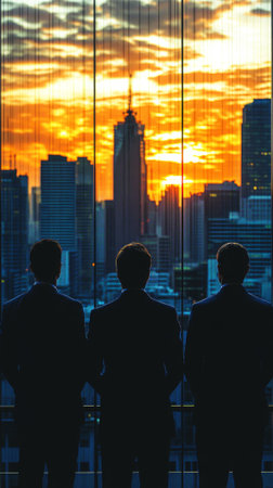 Businessmen watching sunset over city skyline through office windowの素材