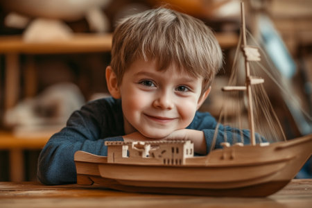 Smiling child posing with wooden toy shipの素材