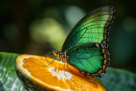 Malachite butterfly eating a slice of orange on a leafの素材