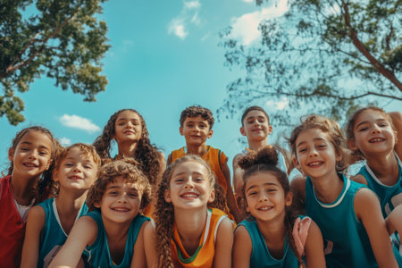 Group of young basketball players smiling together outdoorsの素材