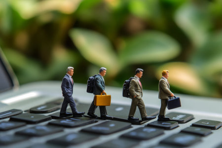 Businessmen figurines walking on laptop keyboardの素材