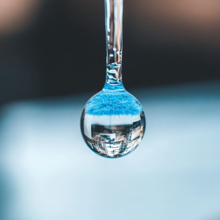 Water droplet hanging reflecting blue sky and building facadeの素材