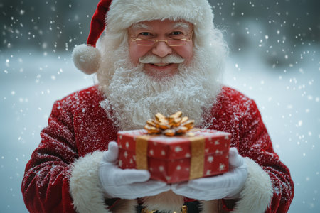 Santa claus holding christmas present smiling in snowy forestの素材
