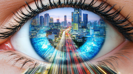Woman eye reflecting cityscape with light trails at nightの素材