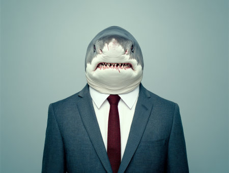 Businessman is wearing a suit with a shark head on a blue backgroundの素材