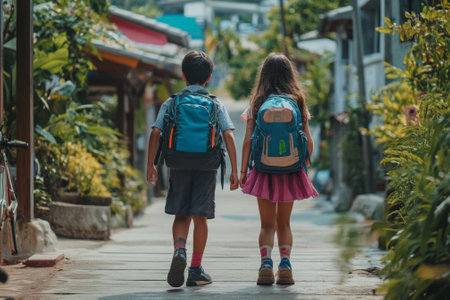 Elementary school students walking home together after classの素材