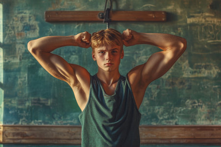 Young athlete showing muscles posing in gym interiorの素材